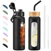 BLUEGO Borraccia Vetro 700ml con 2 Coperchi e Cannuccia, Sportiva Bottiglia d'Acqua con Custodia in Silicone e Indicatori di Tempo, Senza BPA, Nero