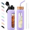 BLUEGO Borraccia Vetro 700ml con 2 Coperchi e Cannuccia, Sportiva Bottiglia d'Acqua con Custodia in Silicone e Indicatori di Tempo, Senza BPA, Viola