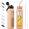 BLUEGO Borraccia Vetro 900ml con 2 Coperchi e Cannuccia, Sportiva Bottiglia d'Acqua con Custodia in Silicone e Indicatori di Tempo, Senza BPA, Colore