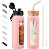 BLUEGO Borraccia Vetro 700ml con 2 Coperchi e Cannuccia, Sportiva Bottiglia d'Acqua con Custodia in Silicone e Indicatori di Tempo, Senza BPA, Rosa