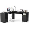 COSTWAY Scrivania Angolare con Prese di Corrente, Scrivania ad Angolo Moderna con 2 Cassetti, Armadio, Mensola Regolabile e Vassoio per Tastiera, Ideale per Gaming, Lavoro e Scrittura (Nero)