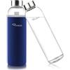 Ryaco Bottiglia d'Acqua, 1000ml Borraccia Vetro Trasparente Portatile con Guaina Protettiva in Neoprene per Il Campeggio Viaggi tè Ufficio (1000ml, Zaffiro)