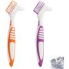 eModwey Set di 2 Spazzolini per Dentiere, Spazzola di Pulizia Protesi con Doppia Testina, Manico Ergonomico in Gomma, Setole Multistrato, Ideale per la Pulizia dei Denti Finti, Colori Arancione e Viola