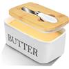 Elitecran Piatto per Burro in Ceramica, 600ml Burriera con Coltello da Burro, Portaburro da Frigo in Porcellana, Scatola per Formaggio con Coperchio in Legno, Contenitore di ermetico Vassoio per Burro Bianco
