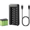Amazon Basics Confezione da 8 batterie NiMh AA ricaricabili, con caricabatterie da 8 alloggiamenti e porta USB C, senza alimentatore