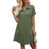 Niwicee Abito Estivo Donna Scollo a V Vestito Donna Maniche Corte Cotton Elegante Abito da Camicia con Botton e Tasche Casual Abito Mare Spiaggia(Beige,L)