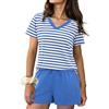 Bresdk Pigiama Corto Estivo da Donna in Cotone a Righe Pigiami a Maniche Corte con Scollo a V Camicia e Pantaloncini 2 Pezzi, Azzurro, L