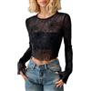 EMOTTOS Maglia Trasparente Donna, Sexy Ragnatela Elasticizzato Modello Top in Rete da Maniche Lunghe, Maglietta Camicia con Party Clubwear, Nero, M