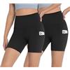 Seitop Confezione da 2 pantaloncini da yoga a vita alta da donna, per biker, palestra, atletica, allenamento, corsa, pantaloncini con tasche, nero, S
