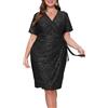VERWIN Abito con scollo a V taglie forti Abito con cintura a maniche corte con volant glitterato abito aderente scintillante per feste da sera cocktail midi, Nero , 5XL plus