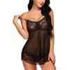 Avidlove Lingerie sexy da donna in pizzo, babydoll a rete, sottoveste elegante, morbida camicia da notte da sposa, con scollo a V, set con perizoma, Nero , XXL