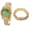 HALUKAKAH Orologio d'oro con Diamanti,Bambino Placcato Oro 18 Carati Plated 36MM Larghezza Verde Quadrante Quartz 20cm con Catena Cubane18cm Bracelet,Confezione Regalo Gratuita