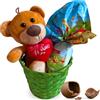 NARAMAKI Idea Regalo Uova di Pasqua 2025-1 Uovo di Pasqua Gold Bunny da 25g Cioccolato al Latte con Sorpresa + 1 Peluche Orsetto con Cuore Rosso da 16cm - Confezione Regalo in Cestino Vimini