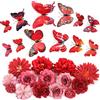 MWOOT 26 Pezzi Teste di Fiori Artificiali 3D Farfalle, Fiori Finti Piccoli per Decorazioni, Rose Garofano Finte per Fai da te Corona Torta Bouquet Da Sposa Matrimonio Festa Casa Giardino(Rosso)