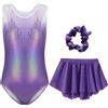 Happy Cherry Bambina Body da Ginnastica Smanicato con Gonna+Fascia per Capelli 3 Pezzi Costume da Danza Balletto Gara Artistica Body Brillante Paillettes Viola per Ragazze 9-10 Anni