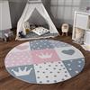 Paco Home Tappeto Bambini Cameretta Bambina Ragezzi Antiscivolo Arcobaleno Cuore Polkadot, Dimensione:Ø 120 cm tondo, Colore: Crema Rosa Grigio
