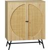 HOMCOM Credenza Stile Boho a 2 Ante, Mobile da Salotto con 2 Ripiani interni, Gambe in Acciaio e Inserti in Rattan, 80x39x101.8cm, Naturale