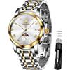 OLEVS Orologio da uomo analogico al quarzo, calendario lunare, in acciaio inox, impermeabile, 30 m, luminoso, regalo, 3656: oro argento