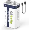 GRbatty Batteria 9V Ricaricabile USB C 650mAh Ad Alta Capacità,Batterie 9V Litio con 1500 Tech Confezione da 1