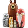 Boerni Set di 5 bambole in legno a tema animale carino, orso volpe gufo coniglio carino bambola russa matrioska giocattolo impilabile per bambini Natale festa di compleanno decorazione della casa