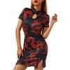 Dazzerake Cheongsam Sexy Donna, Abito da Sera Cinese Elegante, Costume Qipao Vintage a Maniche Corte Con Spacco Laterale, Stampa Drago a Collo Alto (Rosso, L)