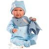 Llorens 1027420 - Bambola Mimi, con occhi azzurri e corpo morbido, con vestito per cani, ciuccio, catenella e fazzoletto, 42 cm