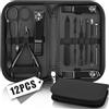 BLESWIN Set Manicure 12 Pezzi, Set Pedicure Professionale Piedi, Kit Manicure da Viaggio per Donne e Uomini, Kit di Pulizia delle Unghie per la Casa, Kit Tagliaunghie con Borsa da Viaggio in Pelle Nero