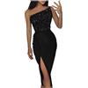 Luckywaqng Abito da festa da donna sexy con brillantini, senza maniche, con spacco, elegante, a vita alta, lunghezza al ginocchio, con spacco laterale, a tunica, abito avvolgente, tubino, Nero , L
