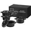 Navaris Set 4 Cocotte Monoporzione da Forno - Piccole Pirofile Rotonde con Coperchio Ø 13,5cm - Terrine in Grés Porcellanato - Mini Cocotte Impilabili per Porzioni Singole - Nero
