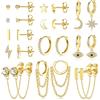 JeweBella 12Paia Piccoli Orecchini Donna Set Mini Orecchini a Cerchio Pendenti con Catena Acciaio Inossidabile Orecchini Stella Luna Ipoallergenico Zircone Orecchini Malocchio Set Oro/Argento