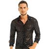 inlzdz Camicia da Uomo Manica Lunga Anni '70 Anni '80 Scintillio Metallizzato Scintillante Colletto Kent Slim Fit Shirt Top Party Night Club Disco Dancing Clubwear Nero L