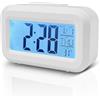 Baxcdyswe Sveglia da Comodino, Orologio a Batteria, Veglia LCD Orologio Sveglia Digitale Senza Ticchettio con Display Data, Temperatura, Funzione Snooze per Camera Da Letto, Scrivania, Viaggi (Bianco)