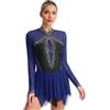 Freebily Abito da Pattinaggio Artistico Donna Paillettes Giltter Vestito Danza Classica Leotards Manica Lunga Abito da Ballo Ballerina Danza Moderna Samba Rumba Salsa Jazz Blu Scuro XL