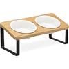 Navaris 2X Ciotole Grès Porcellanato 330ml 1x Supporto Stand Portaciotole Legno e Metallo - Alzaciotole Cibo Secco Umido Cani e Gatti 34,5x15,5x14cm