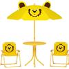 AIYAPLAY Set da Giardino 4 Pezzi per Bambini con Motivo a Leone e Tavolino Rotondo, 2 Sedie Pieghevoli e un Ombrellone, Tavolino con Sedie per Bimbi 2-5 Anni da Esterno, Giallo