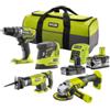 Ryobi Kit valigetta trapano avvitatore, smerigliatrice angolare, levigatrice palmare e seghetto gattuccio a batteria ryobi r18dd3 + r18ag + rps18 + rrs1801 2 batterie 18v 2ah/4ah