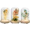 DRW Set di 3 fanali in vetro con base in legno e fiori artificiali in tonalità naturali e morbide, 12 x 12 x 17,5