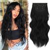 FESHFEN Extension Capelli a Clip - 4PCS Lunga Ondulati Nero Capelli Estensioni Clips Ricci Sintetici Posticci Capelli Extension con Clip in Hair Extension per Donna 50 cm