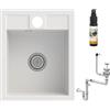 GRANITAN Lavello Cucina - Lavabo Cucina con Sifone Cromati + Impregnante 30 ml - Lavandino Cucina - Lavello Cucina 1 Vasca - Lavello 40x50 cm con Fori Preforati in Materiale Granito - Bianco