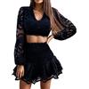 Generic Completo a due pezzi da donna estivo elegante set di abbigliamento da salotto sexy in pizzo scava fuori top a maniche lunghe camicette e gonne Coord Set hawaiano corto per uscire festa matrimonio