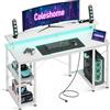 Coleshome Scrivania Gaming con LED, 120x50cm Scrivania Computer con 2 Prese e 2 Porte USB, PC Scrivania con Supporto Monitor e Ripiani di Archiviazione, Scrivania per Ufficio Casa, Bianco