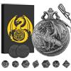Keller & Weber Mini Set di Dadi DND con Drago in Piedi Custodia per Orologio da Tasca, 7 pezzi in Metallo Poliedrico Set di Dadi D&D, Regali di D&D con Scatola Regalo, Accessori per Giochi di Ruolo, Argento Scuro