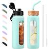 BLUEGO Borraccia Vetro 700ml con 2 Coperchi e Cannuccia, Sportiva Bottiglia d'Acqua con Custodia in Silicone e Indicatori di Tempo, Senza BPA, Azzurro
