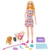Barbie - Playset con bambola Barbie, 2 cuccioli e tanti accessori per gli animali inclusi, 1 cucciolo in carrozzina rimovibile con ruote funzionanti, giocattolo per bambini, 3+ anni, HTK37