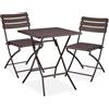 Relaxdays Tavolo da Esterno e Sedie, Set da 3 Mobili Pieghevoli e Salvaspazio da Balcone, Design Aspetto Legno, Marrone, Acciaio