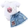 LUVCES Vestiti per Neonata Maniche Corte con Volant Lettere Stampa Tutina+ Denim Jeans Strappata Gonna Set per Neonati Vestiti Estivi Coniglio Bianco 0-3 Mesi