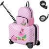 SOARS Set di Valigia Cavalcabile 18'' + Zaino 12'' per Bambini 2 Pezzi, Bagagli 2-in-1 di con Maniglia Telescopica e 4 Ruote, Trolley Bagaglio a Mano e Zaino per Bambini (Rosa Fenicottero)