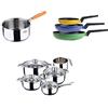 SAN IGNACIO Batteria da cucina: casseruola senza coperchio 16 (1,4L), casseruola con coperchio: 18 (2L), 20 (2,9L), 24 (5,1L) e latte 14 cm (1,9L), acciaio inossidabile + 3 padelle alumInio 18/22 e 26 +