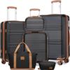 KONO Set di 6 Pezzi Valigie da Viaggio (55/65/74cm) e Beauty Case Rigide Valigia in ABS Trolley con 4 Ruote & TSA lucchetto + Borsone da Viaggio Espandibile Palestra + Borsa da Toilette, Nero/Marrone