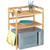 Relaxdays Mensola per Microonde, Scaffale a 2 Ripiani da Cucina, HxLxP: 67x61x35 cm, Mobile con 4 Ganci, Acciaio, Gomma, bambù Naturale